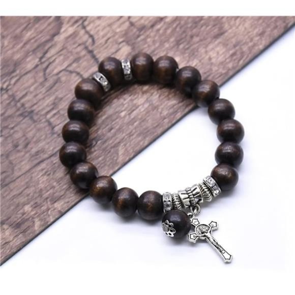 Wood Beads Rosary Bracelet Medal & Catholic Cross Religious Prayer Chaplet - Picture 4 of 5
